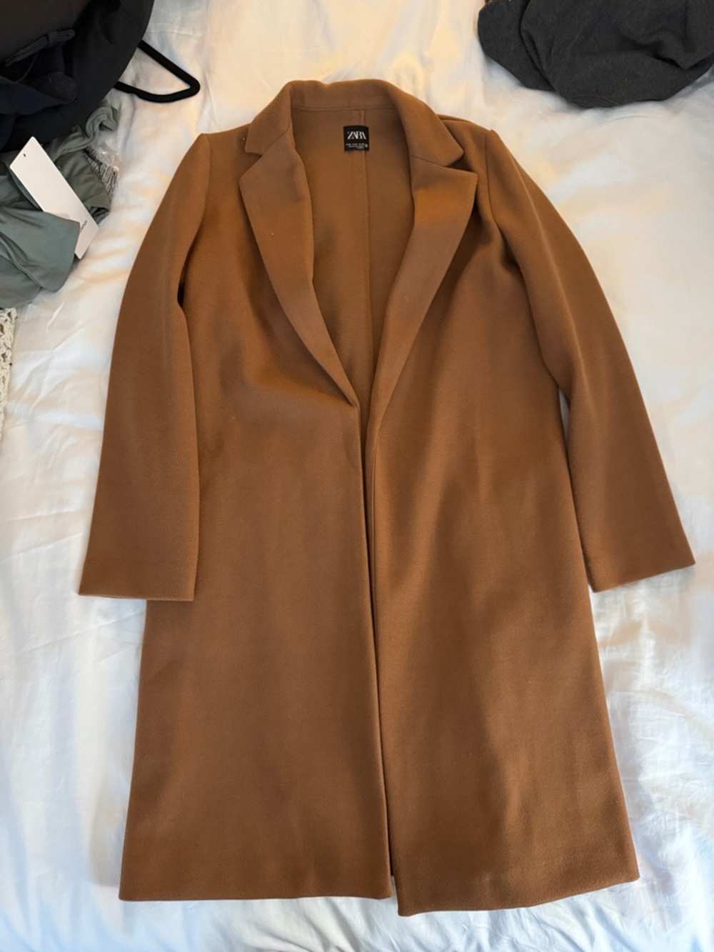 Zara Camel Open-Front Long Trench Coat
